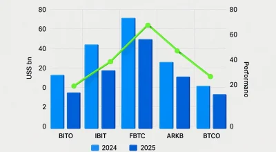 Динамика крупнейших Bitcoin ETF: как изменились активы и доходность в 2025 году